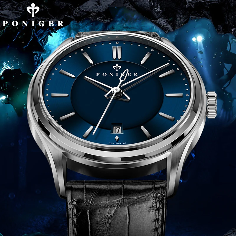 PONIGER, reloj de lujo de cuero genuino con cristal de zafiro resistente al agua, movimiento MIYOTA, reloj mecánico automático para hombre con fecha