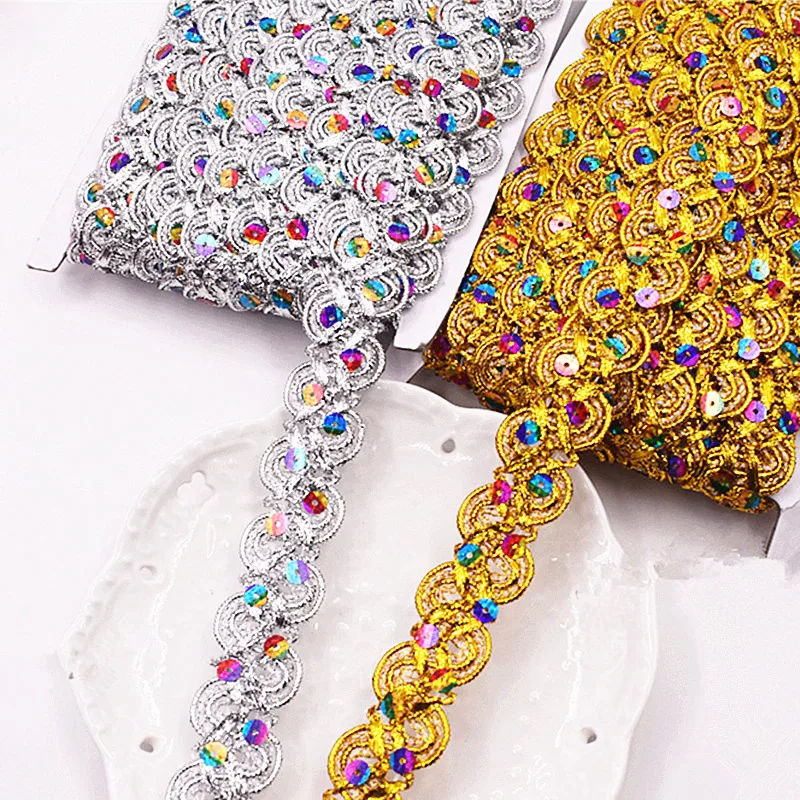 12 Yard Sequined Lace Band Appliqued Colored Sequins Ribbons Belt Braided 3D Gold Flower Sewing Apparel Trim Handmade 2.7m Wide