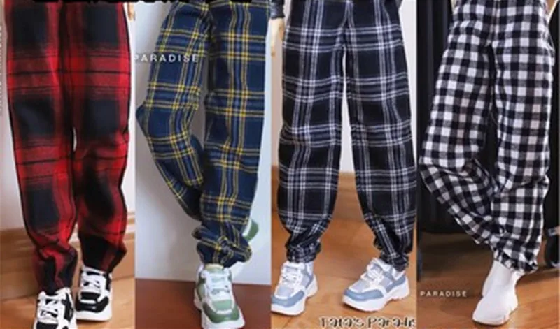 BJD doll clothes fit with 1/3 1/4 Uncle Size everyday checkered street casual pants Wide leg pants bunched foot doll accessories