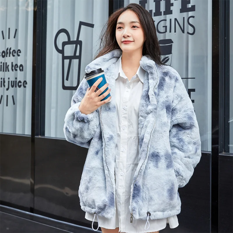 Autumn Winter Korean Women Stand Collar Tie-dye Faux Rabbit Fur Jacket Long Sleeve Casaco Feminino Inverno Casual Warm Outwear