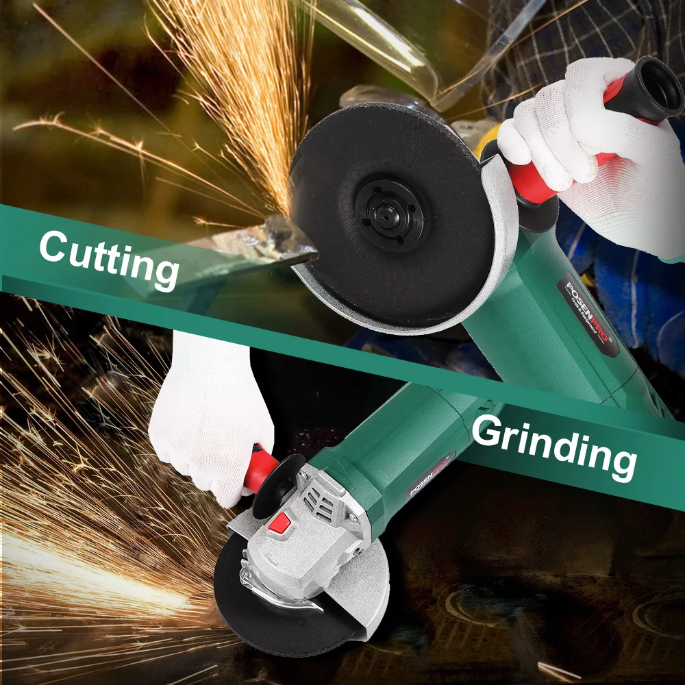 POSENPRO Electric Angle Grinder 1100W 125mm Variable Speed 3000-12000RPM Toolless Guard for Cutting Grinding Metal