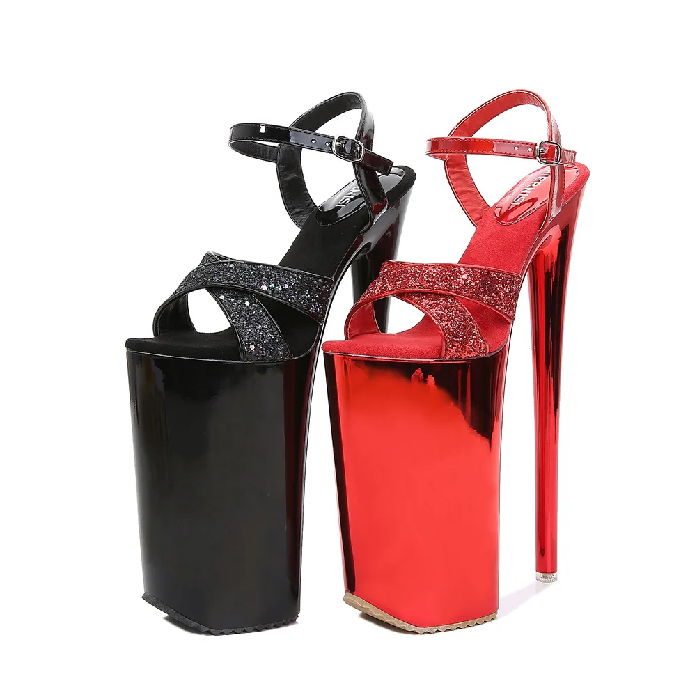 10 Inch Super High Stripper Heel Nightclub Pole Dance Shoes 26CM Bling Shallow Hollow Red Bride Wedding Womens Platform Sandals