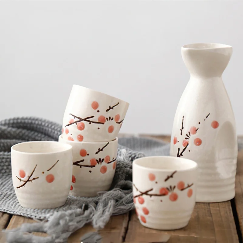 

Ceramic Wine Set Japanese Flower Sake Pot Flagon Liquor Cup Insulation Spirits Pattern Bar decoration Household kitchen supplies