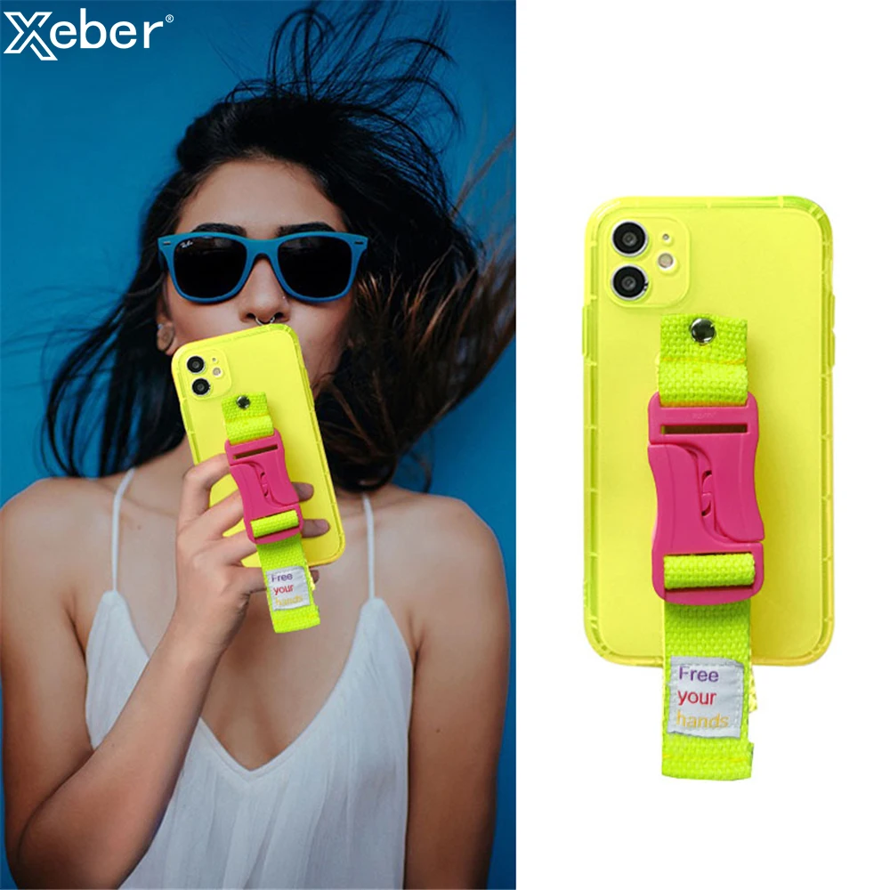 Fluorescent Lanyard Necklace Wrist Strap Holder Case For iPhone 16 15 14 13 11 12 Pro Max 8 7 Plus X XS XR Clear Silicone Cover