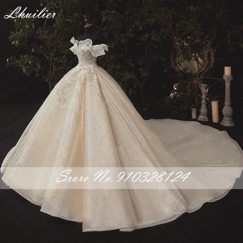 Lhuilier Customized Ball Gown Ruffled Wedding Dresses Off the Shoulder Shiny Tulle Bridal Dress with Chapel Train