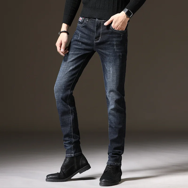 Calça feminina coreana Stretch Slim masculina, calça jeans reta longa, preta, na moda, primavera e outono