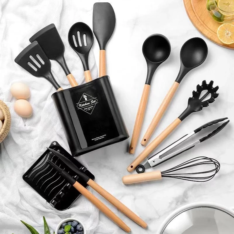 Silicone Cooking Utensils Set Non-Stick Spatula Shovel Wooden Handle Cooking Tools Set With Storage Box Kitchen Tool Accessories