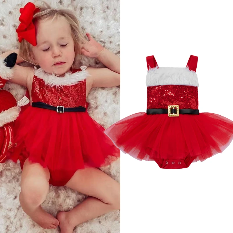 

Christmas Baby Girl Romper Fluffy Sequined Sleeveless Square Neck Tutu Dress Romper Xmas Baby Costume 0-18 Months