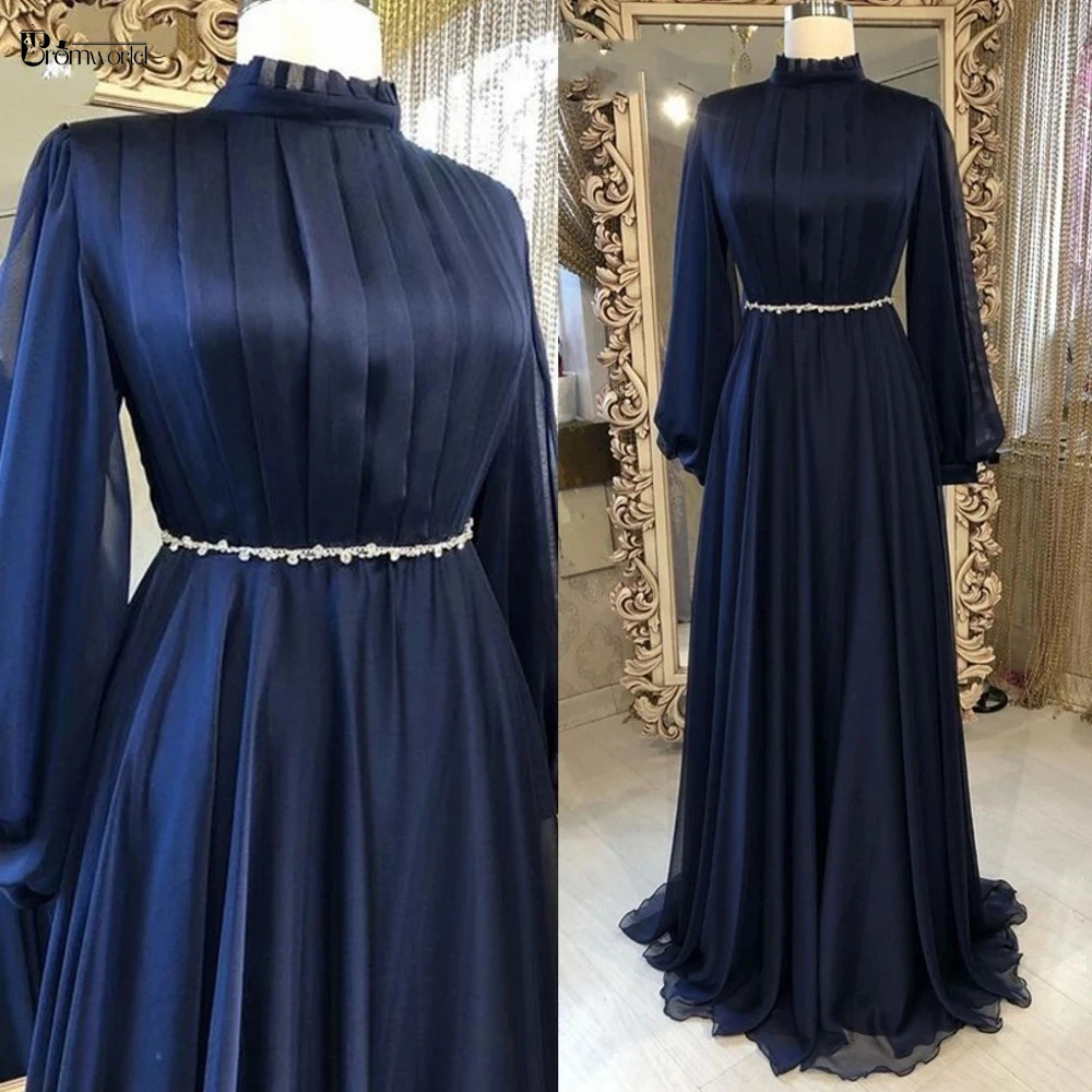 Elegant Navy Blue Muslim Evening Dresses Long Sleeves A-Line Women Formal Gowns 2024 Crystal Chiffon Prom Dress Robes De Soirée