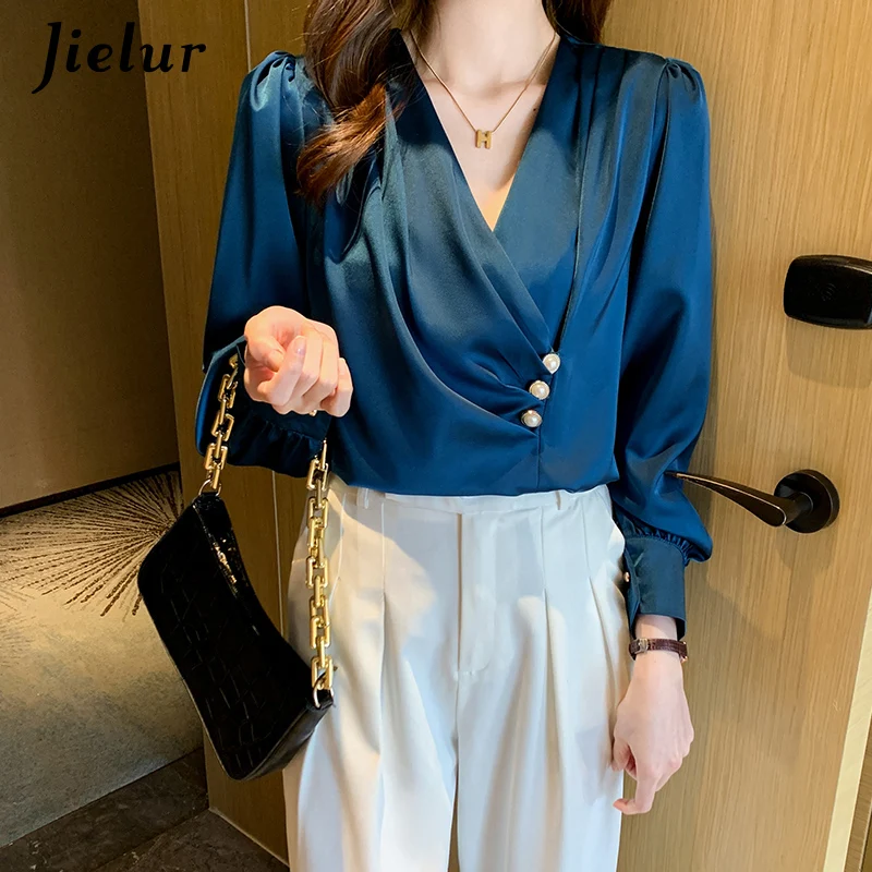 Jielur White Elegant V-neck Long Sleeve Women Shirts Fashion Office Ladies Red Tops Casual Solid Color Buttons Attractive Blouse