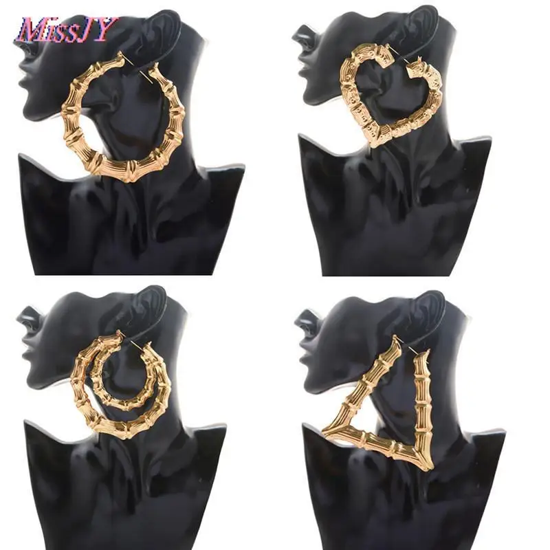 대나무 후프 귀걸이, 4 가지 스타일 골드 컬러 빅 후프 귀걸이, 여성 후프 귀걸이, 농구 아내 귀걸이, 1 쌍 