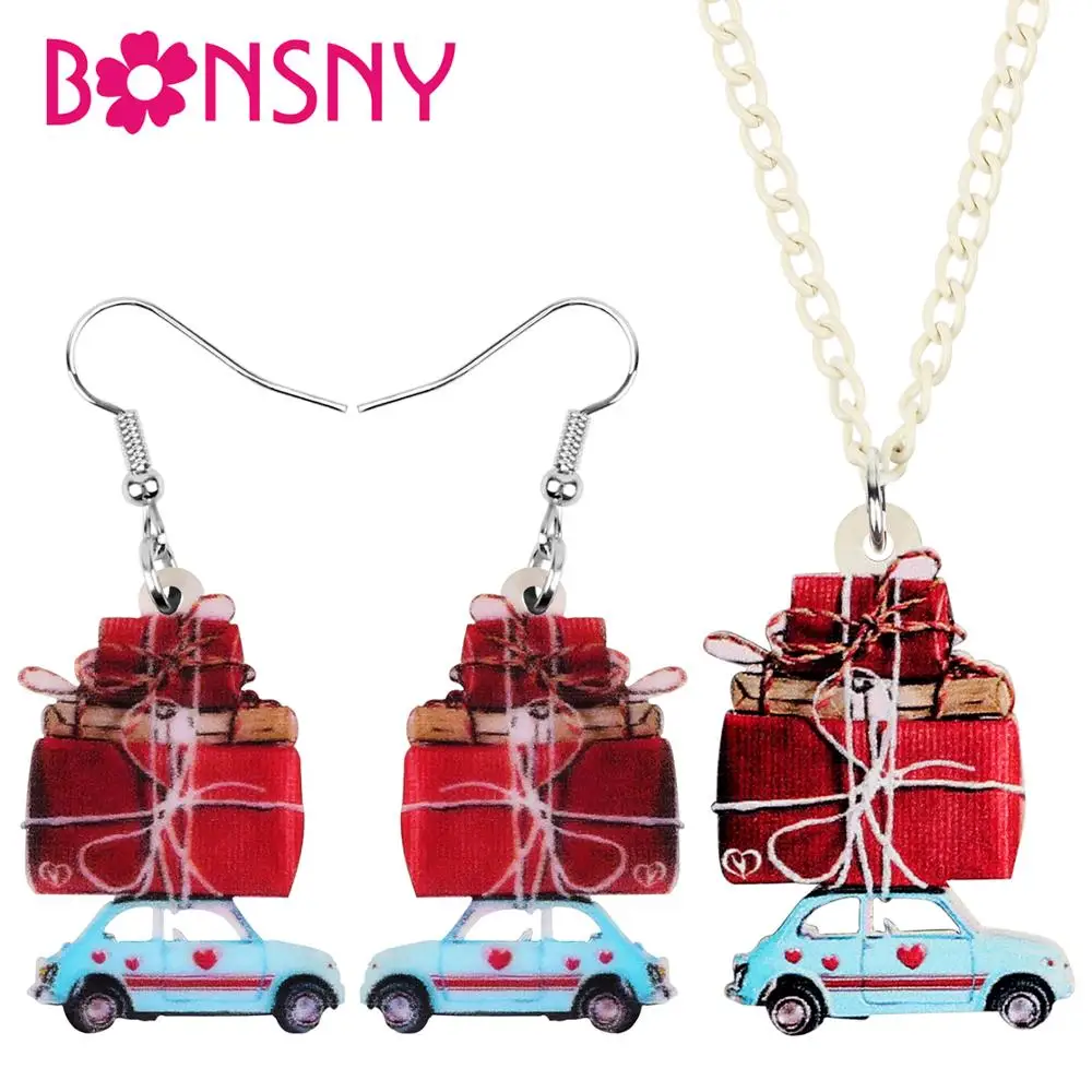 Bonsny Acrylic Valentine‘s Day Cartoon Car Gift Boxes Jewelry Sets Earrings Necklace For Women Girls Ladies Charms Decorations