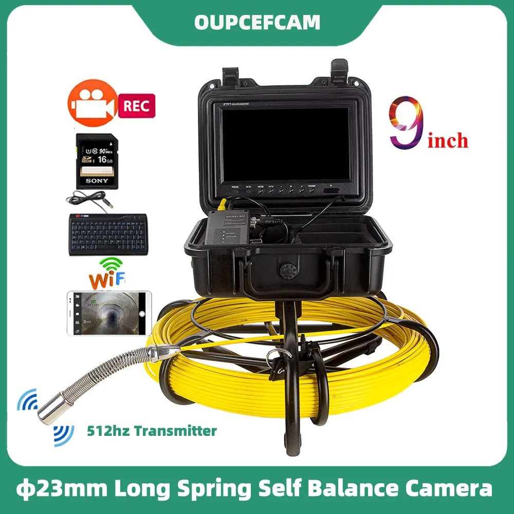 

9" HD Monitor 23mm Long Spring Self-Balance 512hz Transmitter Built-in Drain Sewer Pipe Inspection Endoscope DVR WIif Keyboard