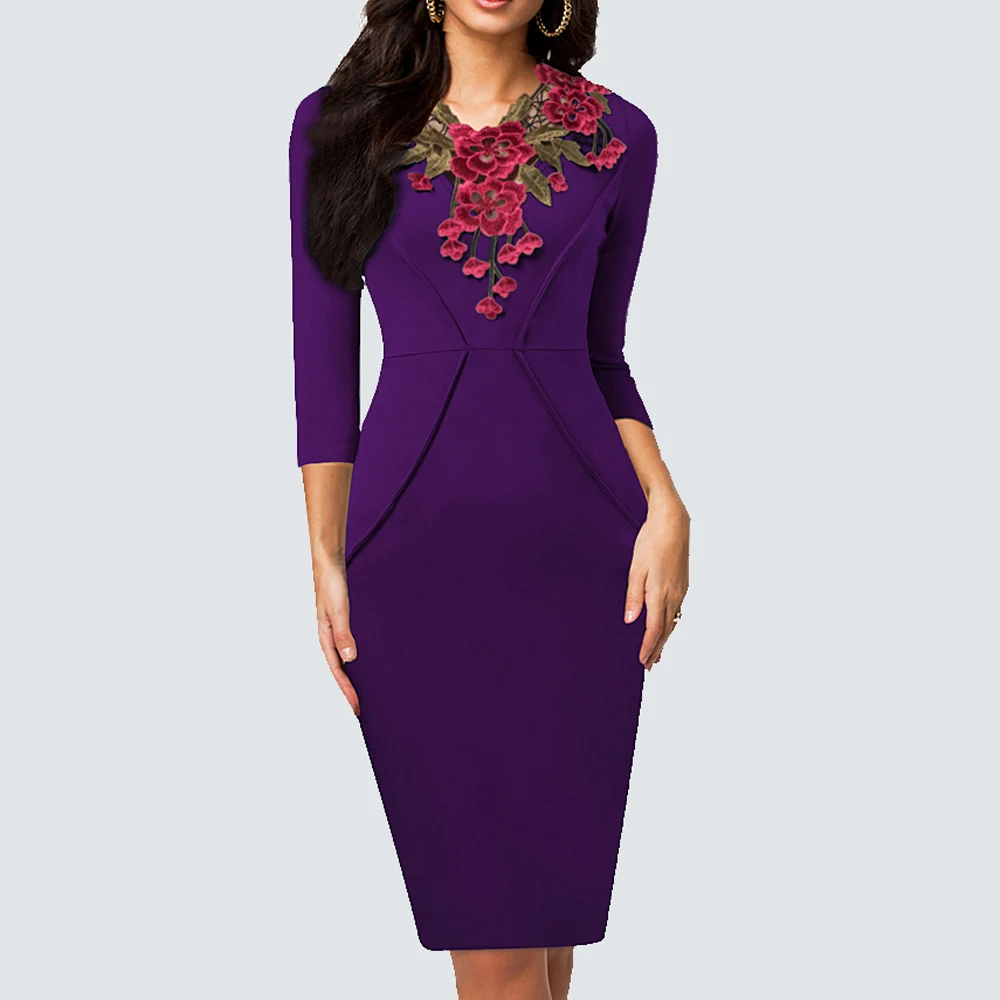 Women Stylish Vintage Applique Embroidery Elegant Crochet Work Office Business Sheath Slim Bodycon Pencil Ladies Dresses HB330