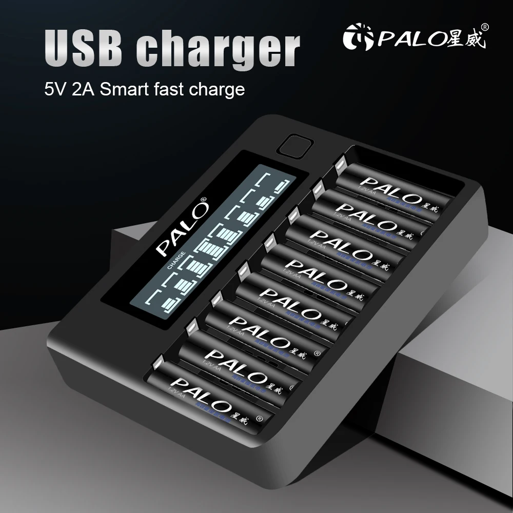 

PALO 8 Slots LCD Smart AA AAA Battery Charger 1.2V AA AAA NI-MH NI-CD Rechargerable Battery 2A 3A Fast Charging USB Charger