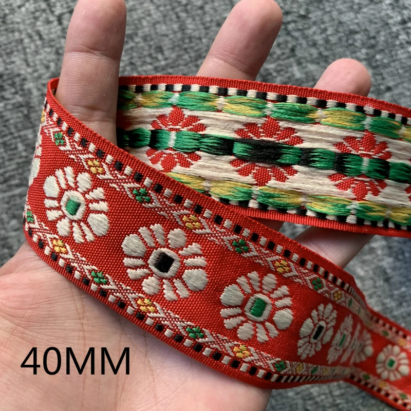 3 YARD 40MM Golden Flower Red Base Embroidered Ribbon National Lace