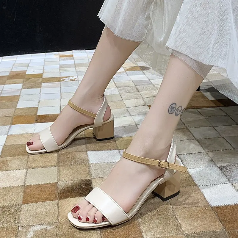 Women Sandals Female Square High Heels PU Leather Sandals Open Toe Lady New Summer Shoes Solid Soft Comfort Buckle Strap Sandals