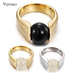 New Fashion Colorful Opal Ring Women Quality Stainless Steel Ring Round Black White Cat's Eye Stone Wedding Ring