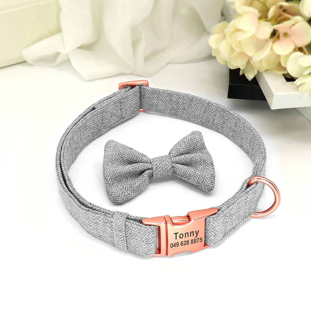 Personalized Dog Collar With Bow Tie Soft Woolen Cloth Dogs ID Collars Anti-lost Free Engraving Cute Bowknot Pet Accessories