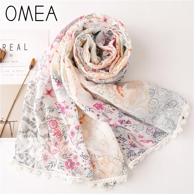 OMEA Spain Floral Lace Scarf Women Bronzing Flower Female Cotton Summer Sun Shawl Leaf Soft Chiffon Spring Long Thin Hijab Scarf