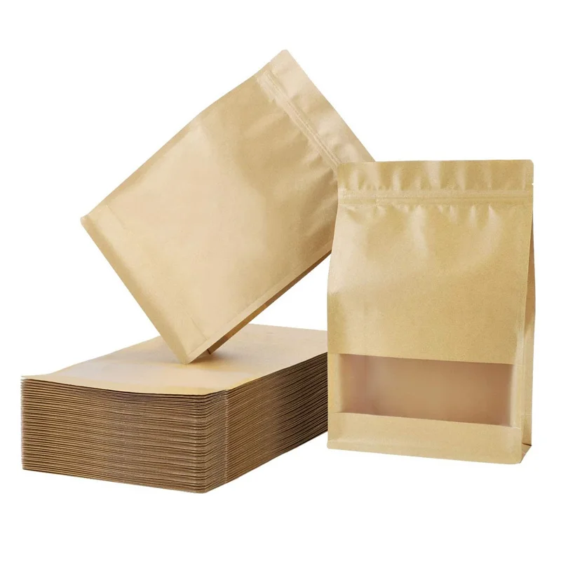 1000Pcs Kraft Stand Up Ziplock Pouch Bags Resealable Storage Package Bag With Window For Storing Food Nuts Beans Coffee Candy