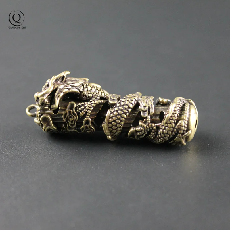 Pure Brass Cylindrical Huabiao Dragon Hollow Out Dragon Keychain Retro Copper  Hanging Car Key Chain Waist Pendant Ornament Jew