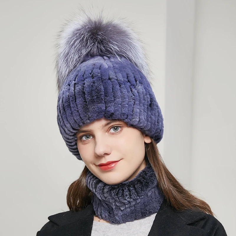 JKP Real Natural Rex Rabbit Fur Hat Women Winter Pompon Knit Cap Warmth Elastic Fashion Fluffy Thick Outdoor Authentic Hot Sale