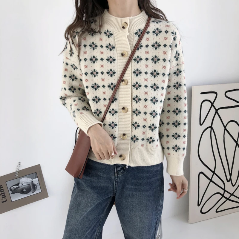 

Knitted Cardigans Sweater Women Snowflake Pattern Coat Harajuku Long Sleeve Loose Female Jumpers