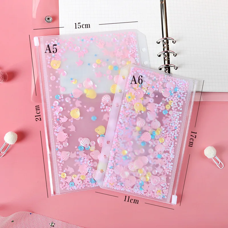 Transparent PVC Storage Card Holder with 6 Hole Zipper document Bag for A5 A6 Pouch Diary Planner Accessories