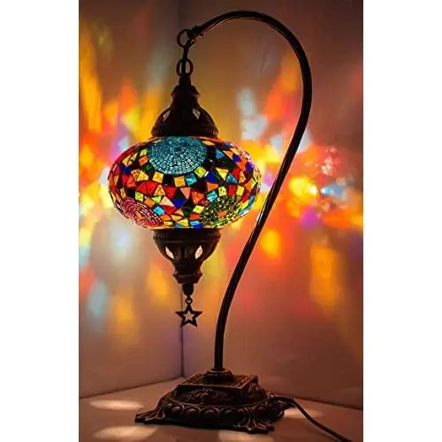 (33 Colors) LaModaHome English Moroccan Mosaic Table Lamp with US Plug & Socket, swan Neck Handmade Desk Bedside Table Night Lam