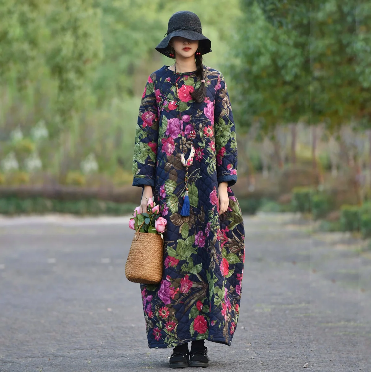 Free Shipping 2021 New Chinese Style Cotton Long Maxi Women Long Sleeve Loose Dress Winter Thick Warm Dresses Flower Print