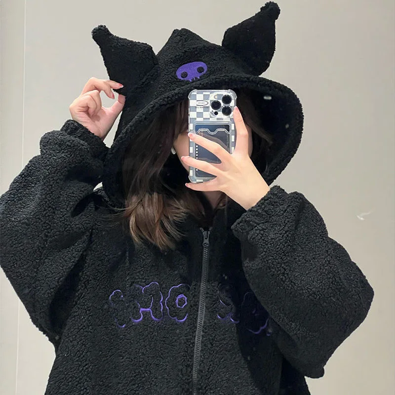 Lambswool Black Hoodies Women Fuzzy Hoodies Zipper With Pocket Autumn Cartoon Embroidery Sweatshirts Aesthetic Oversized Female