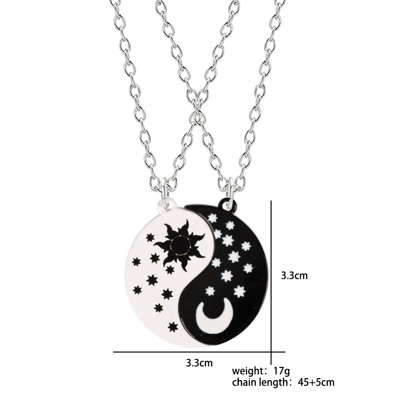 2 Piece Best Friend Necklace Chinese Tai Chi Harajuku Sun Moon Couple Pendant Retro Zinc Alloy Stitching BFF Friendship Jewelry