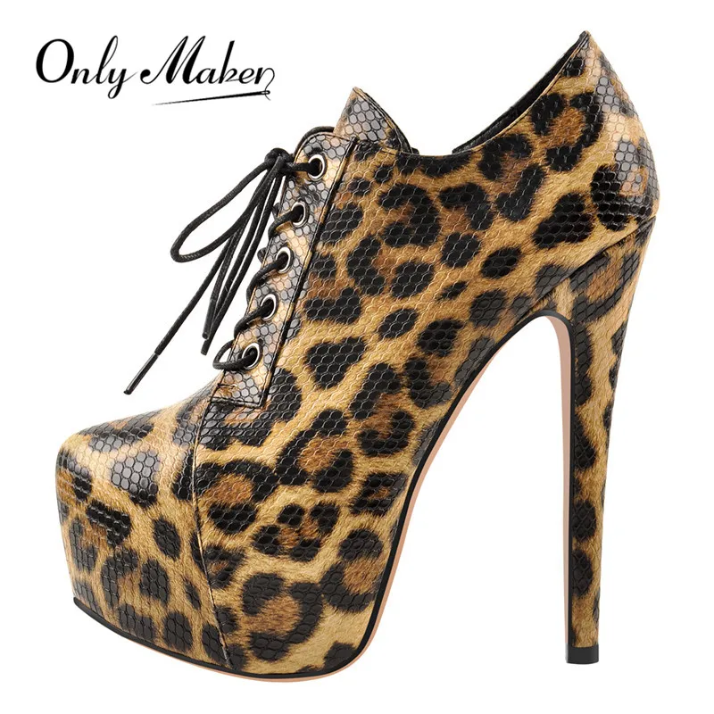 Onlymaker Women Platform Leopard and Black Ankle Booties Thin High Heels Lace Up Stiletto Side Zipper Sexy Lady Boots