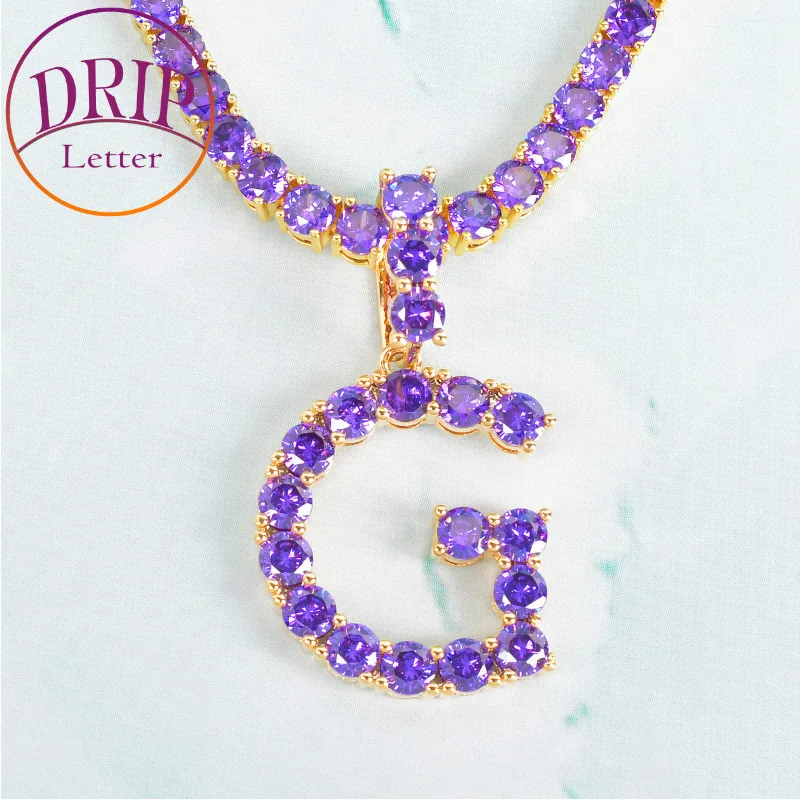 Purple Color Zircon Tennis Letters Pendant For Men/Women Gold Color Necklaces Hip Hop Jewelry 4mm Tennis Chain