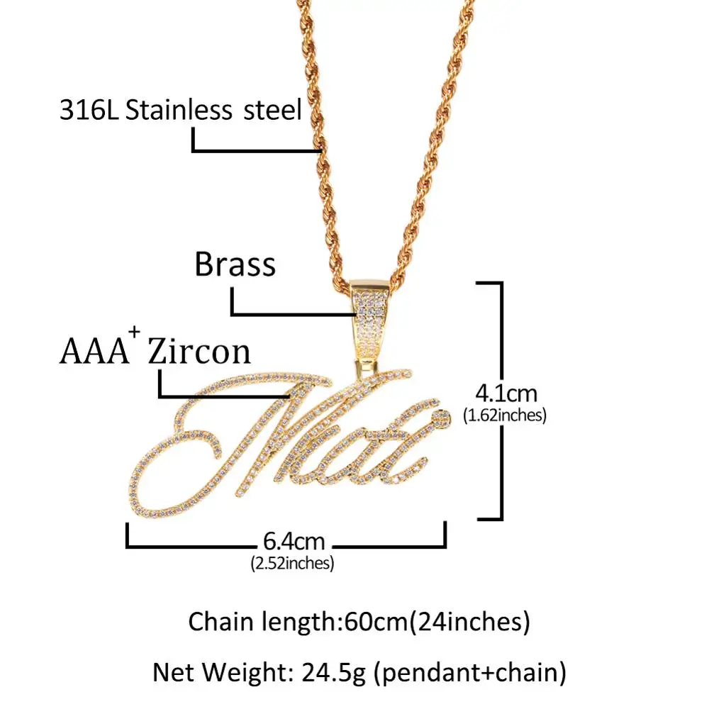 TBTK New Style Personalized Artical Cursive Letter Iced Out CZ Custom Name Pendant Chain Necklace Fashion Charm Hiphop Jewelry