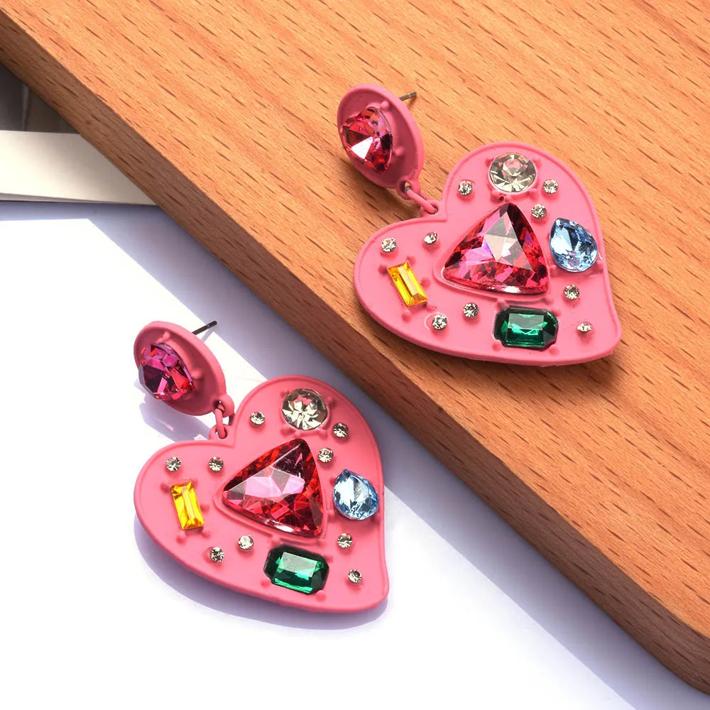 2024 New ZA Fashion Enamel Pink Heart Shape Metal Earrings Women Luxury Crystal Rhinestone Indian Statement Earrings Jewelry