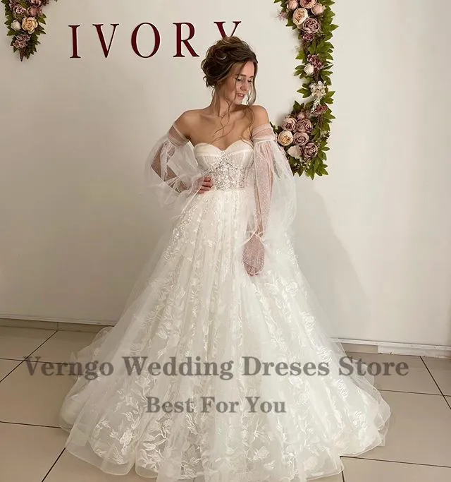 Verngo – robe de mariée en dentelle florale, grande taille, manches bouffantes, traîne, Corset, dos nu, 2021