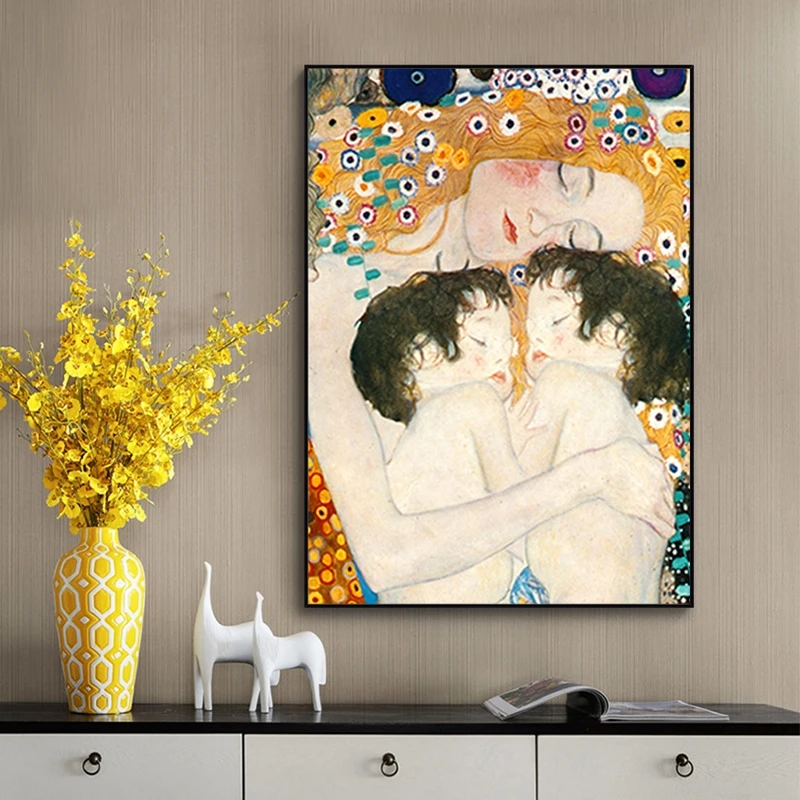 Famous Painting Mother Love Twins Baby By Gustav Klimt Canvas Painting Posters and Print Wall Art Picture for Living Room Decor