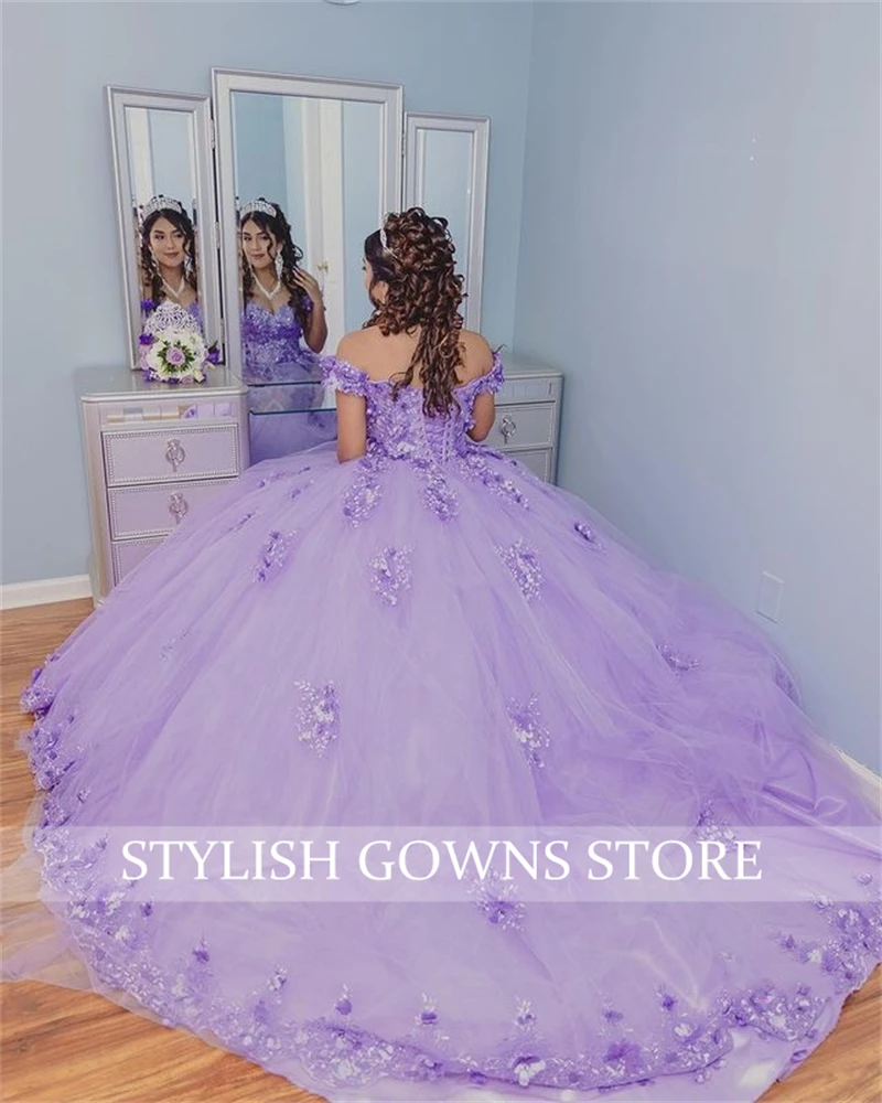 Tím Lệch Vai Bầu Phồng Sweet 16 ĐẦM ĐÍNH HẠT Quinceanera Áo Phối Ren Lưng 15 Năm Đảng Đồ Bầu dây Trang Trí Vũ Hội