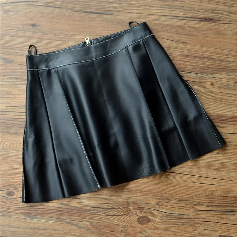 Casual Street High Waist Wrap A-Line Short Skirts Women Spring Autumn Genuine Leather Zipper Folds Mini Skirt Sheepskin Skirt