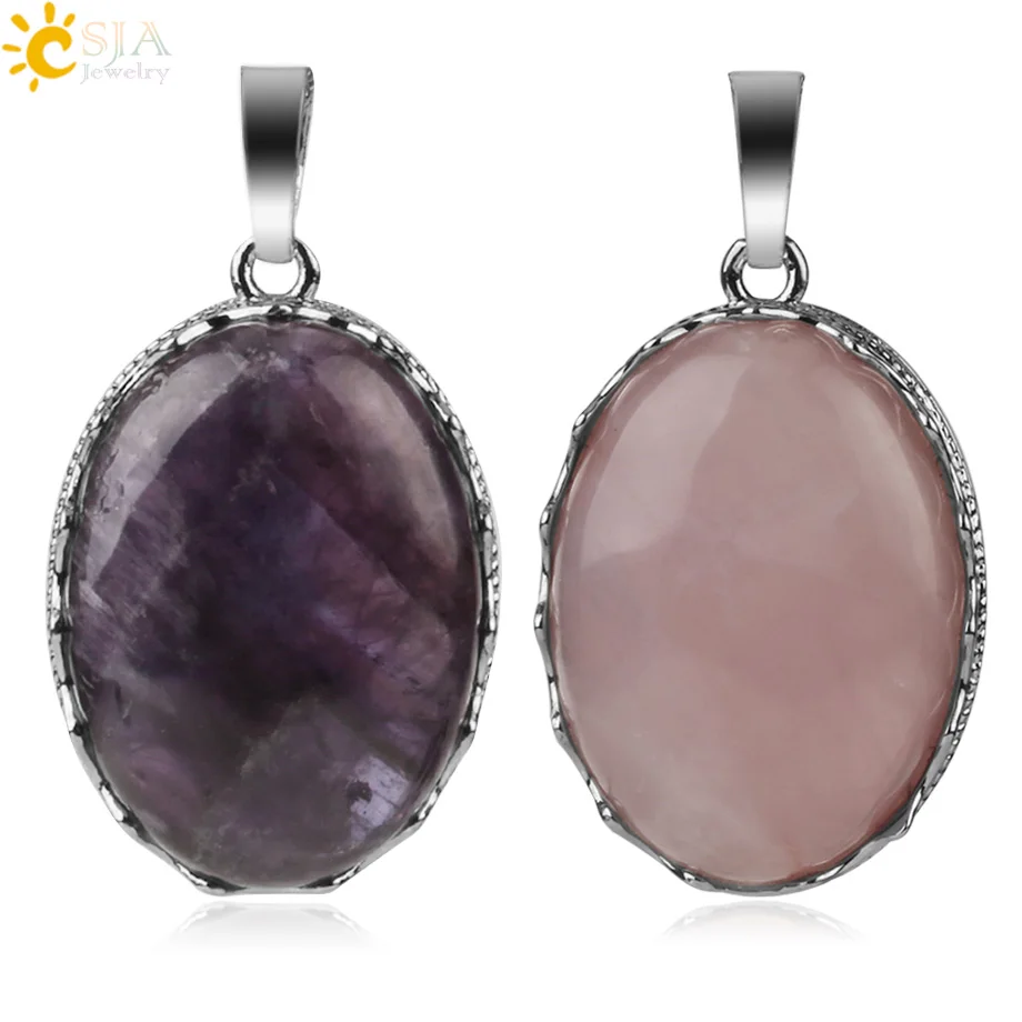 CSJA Natural Gem Stone Crown Pendant for DIY Necklace Oval Cabochon Healing Purple Crystal Pink Quartz Charm Female Jewelry G211