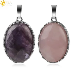 CSJA Natural Gem Stone Crown Pendant for DIY Necklace Oval Cabochon Healing Purple Crystal Pink Quartz Charm Female Jewelry G211