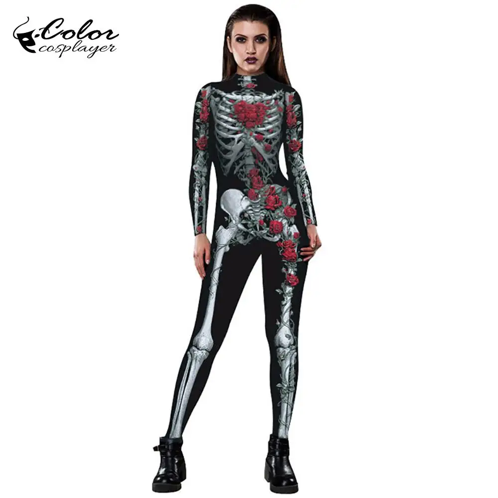 สี Cosplayer ฮาโลวีนแน่นผู้หญิง Zentai ชุด Steampunk Skeleton พิมพ์ Bodysuit Purim เทศกาลคอสเพลย์เครื่องแต่งกาย Catsuits