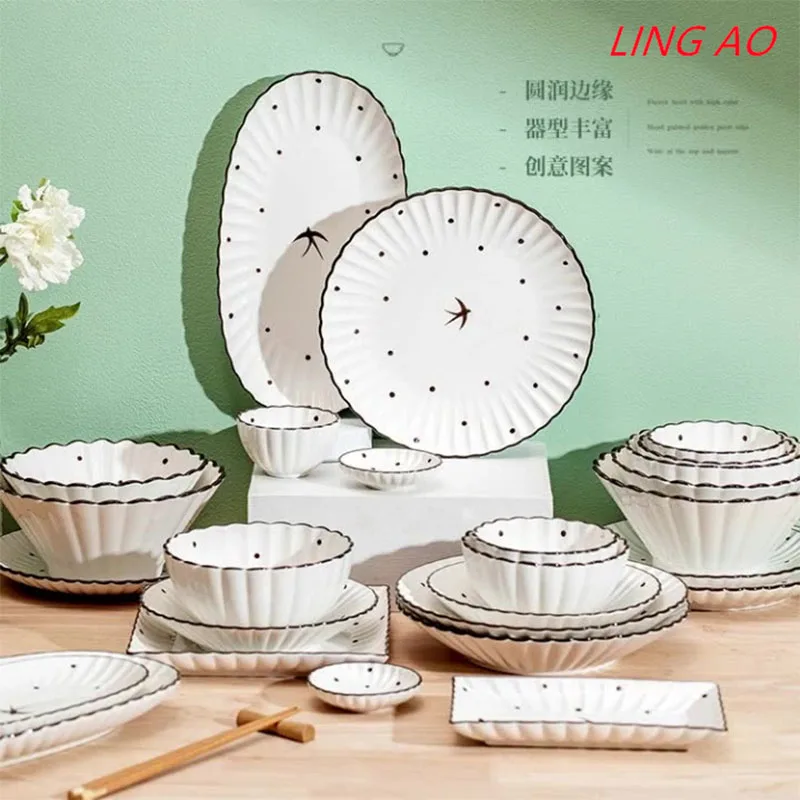 LingAo    Hand-painted ceramic bowl and plate cutlery set