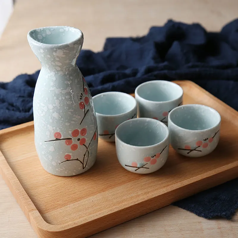 

Japanese style wine cup pot ceramic wineware set creative underglaze color retro Japan sake white rice wine bottle