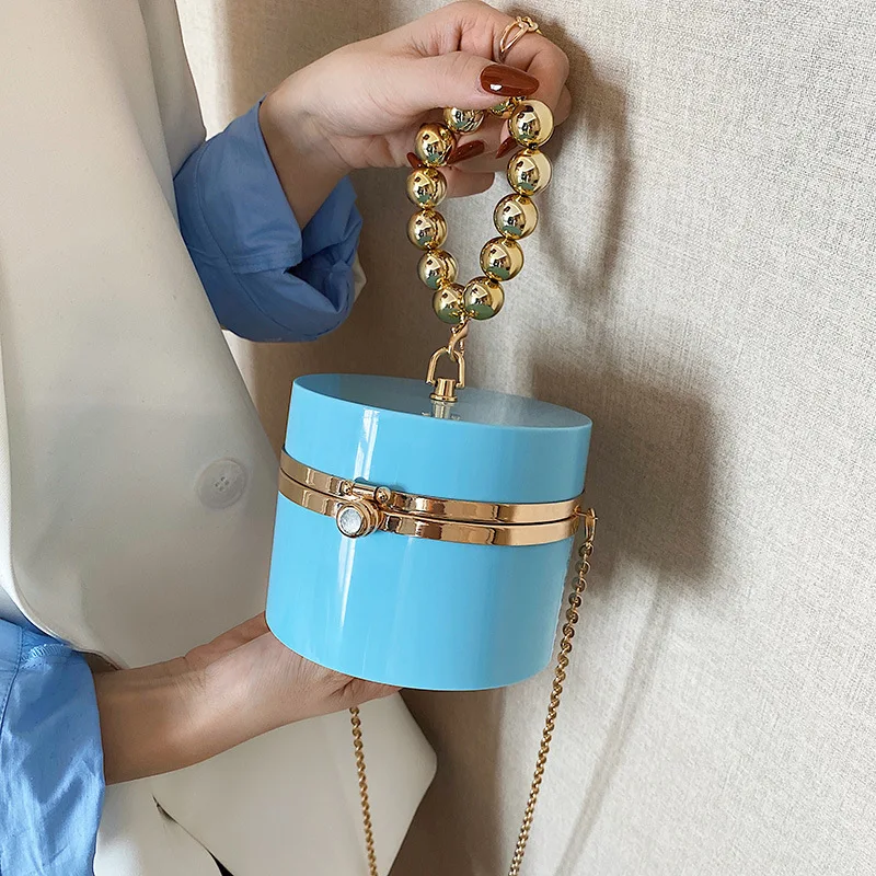 Acrylic Round Party Evening Clutch Bag for Women Golden Beaded Handles Female Purses and Handbags Shoulder Crossbody Chain Bag