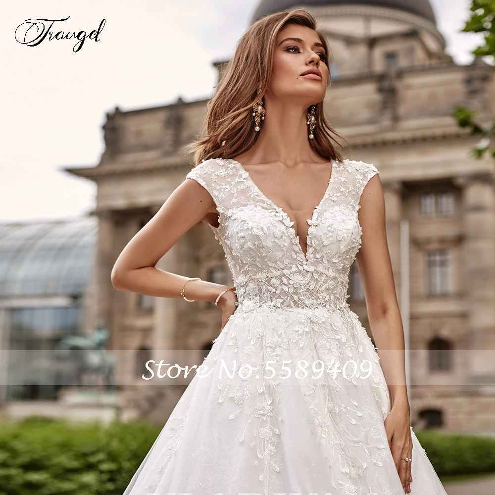 Traugel sexy decote em v manga botão rendas vestidos de casamento vintage apliques de luxo frisado tribunal trem uma linha vestidos de noiva