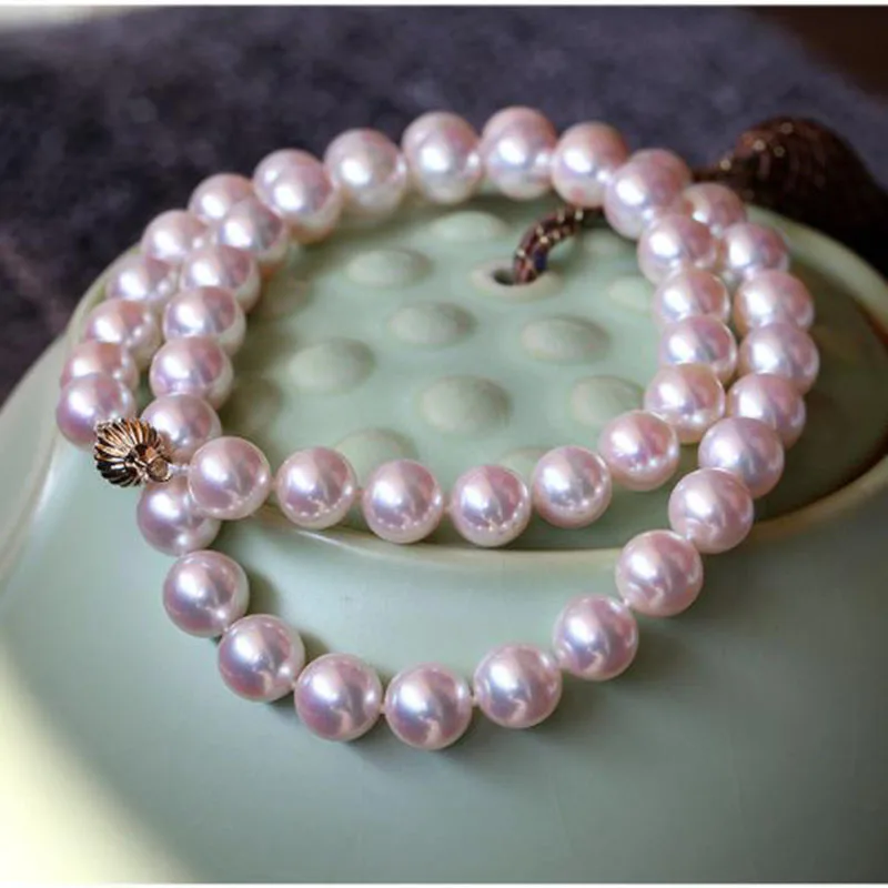 elegant round Japanese AAA 9-8 mm white round pearl necklace 18 inch 14k/20