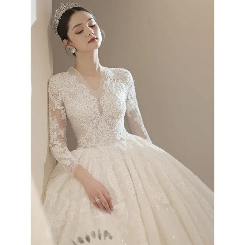 Vestido De novia De encaje 2024 De manga larga nuevo invierno con cuello en V Vestido De baile De flores vestidos De Boda De Princesa Vestido De novia personalizado